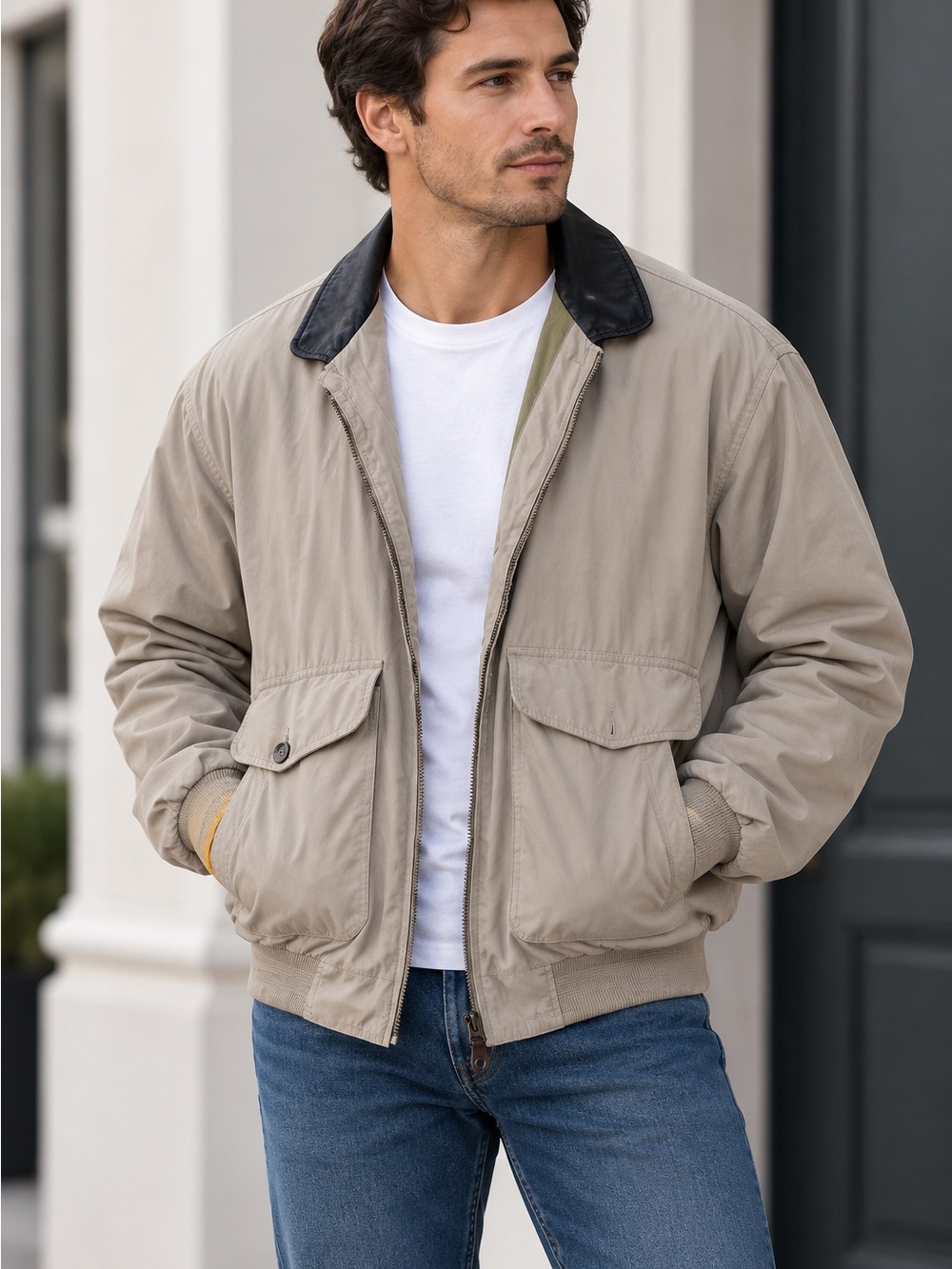 Dockers Men’s Outerwear Beige Bomber Jacket Black Collar Size Large